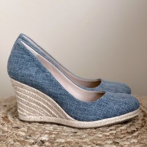 Neiman Marcus, women’s size 6 espadrille wedge heels in denim